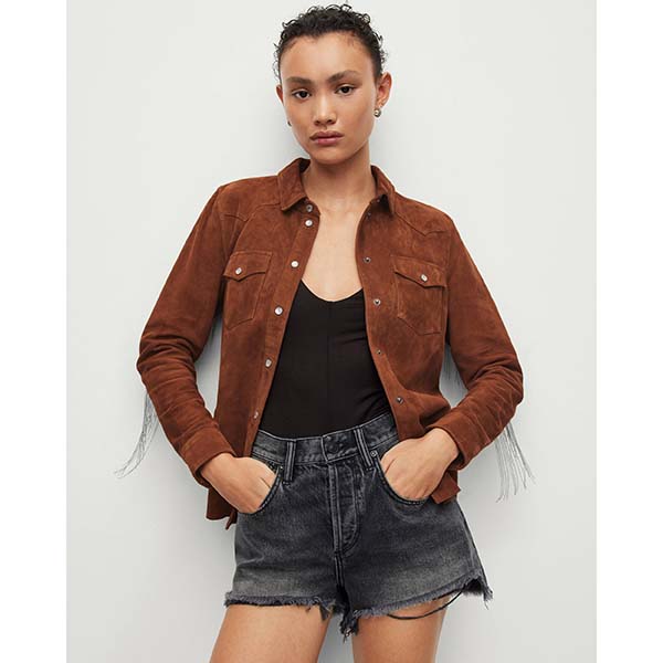 Allsaints Australia Womens Stanway Suede Beaded Tassel Shirt Tan Brown AU18-627